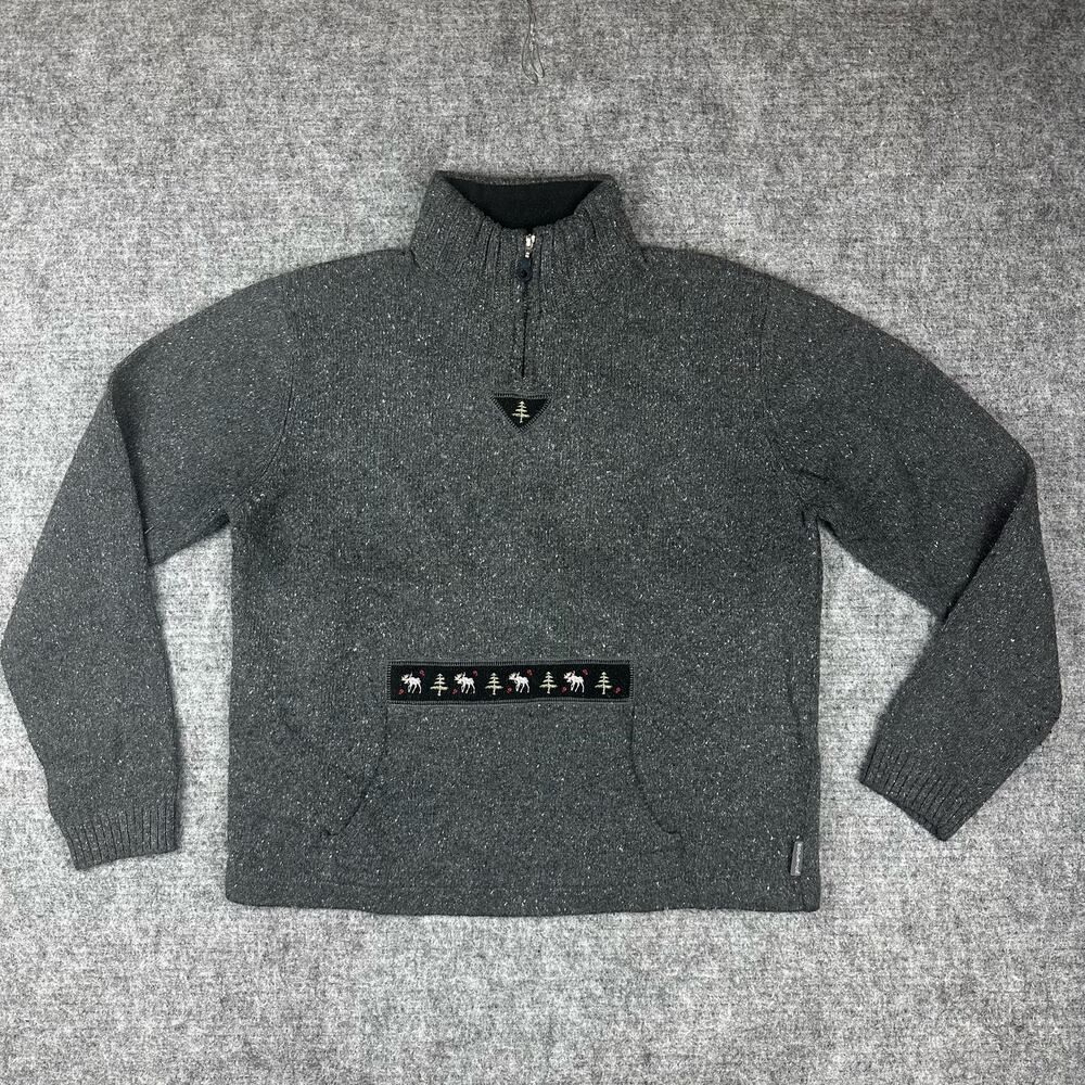 Vintage Woolrich Sweater Women Large Gray Quarter Zip Mock Moose Tree Winter
